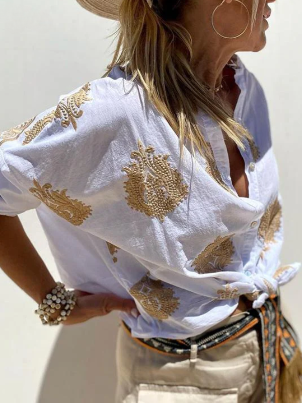 R&B | mit Knopfleiste Boho Stil Lockere Passform Langarm Shirt Damen Leinenhemd