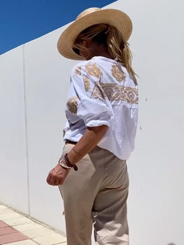 R&B | mit Knopfleiste Boho Stil Lockere Passform Langarm Shirt Damen Leinenhemd