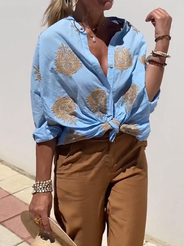R&B | mit Knopfleiste Boho Stil Lockere Passform Langarm Shirt Damen Leinenhemd
