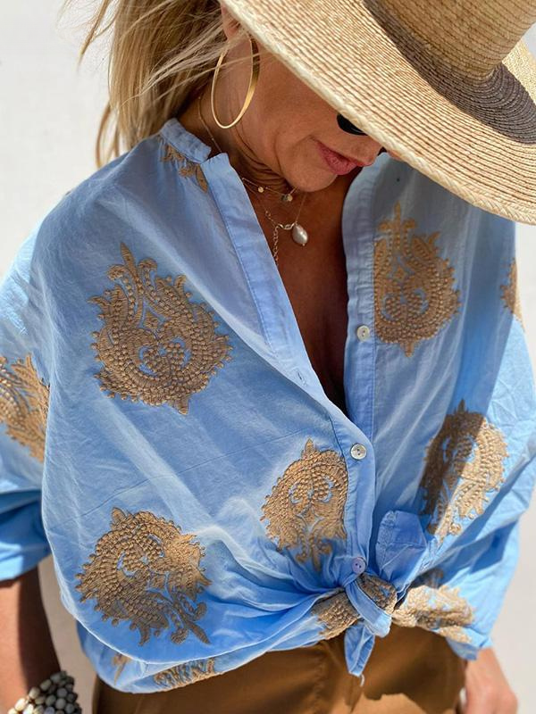 R&B | mit Knopfleiste Boho Stil Lockere Passform Langarm Shirt Damen Leinenhemd