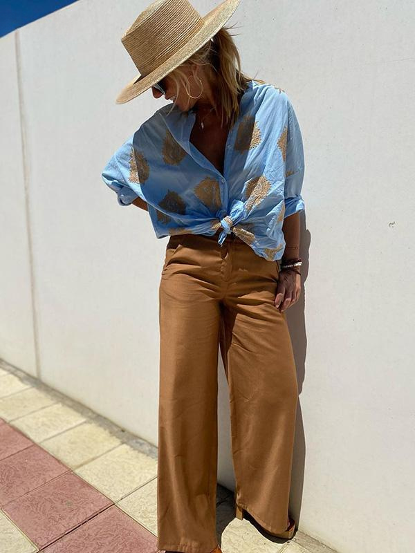 R&B | mit Knopfleiste Boho Stil Lockere Passform Langarm Shirt Damen Leinenhemd