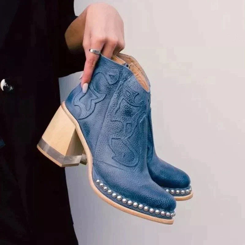 Bestickte Stiefel mit Blockabsatz und seitlichem Reißverschluss R&B