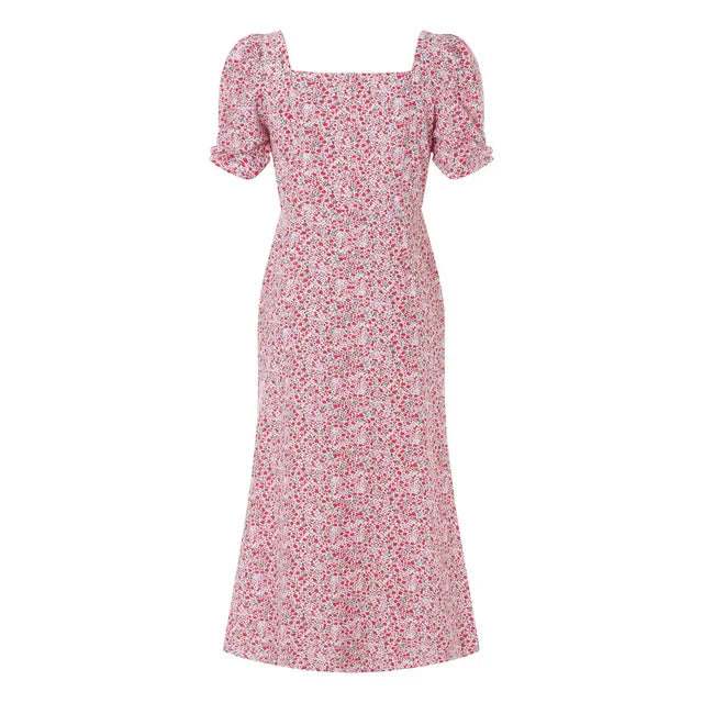 R&B | Damen Sommer Rechteck-Ausschnitt Kleid Midi
