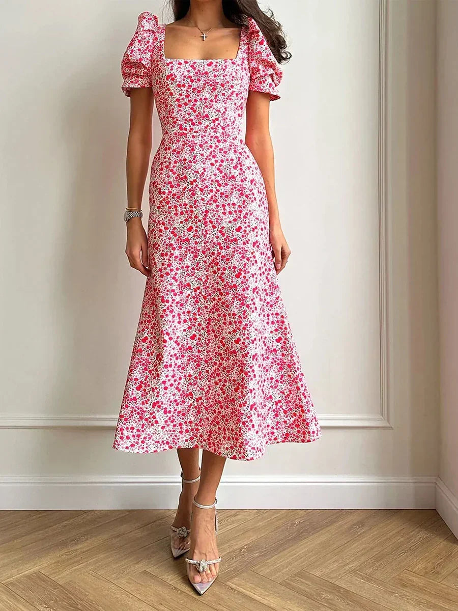 R&B | Damen Sommer Rechteck-Ausschnitt Kleid Midi