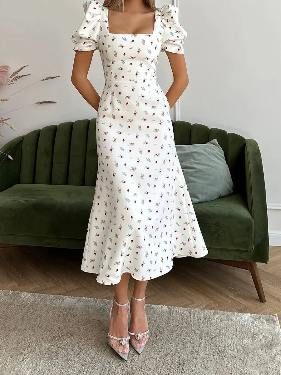 R&B | Damen Sommer Rechteck-Ausschnitt Kleid Midi