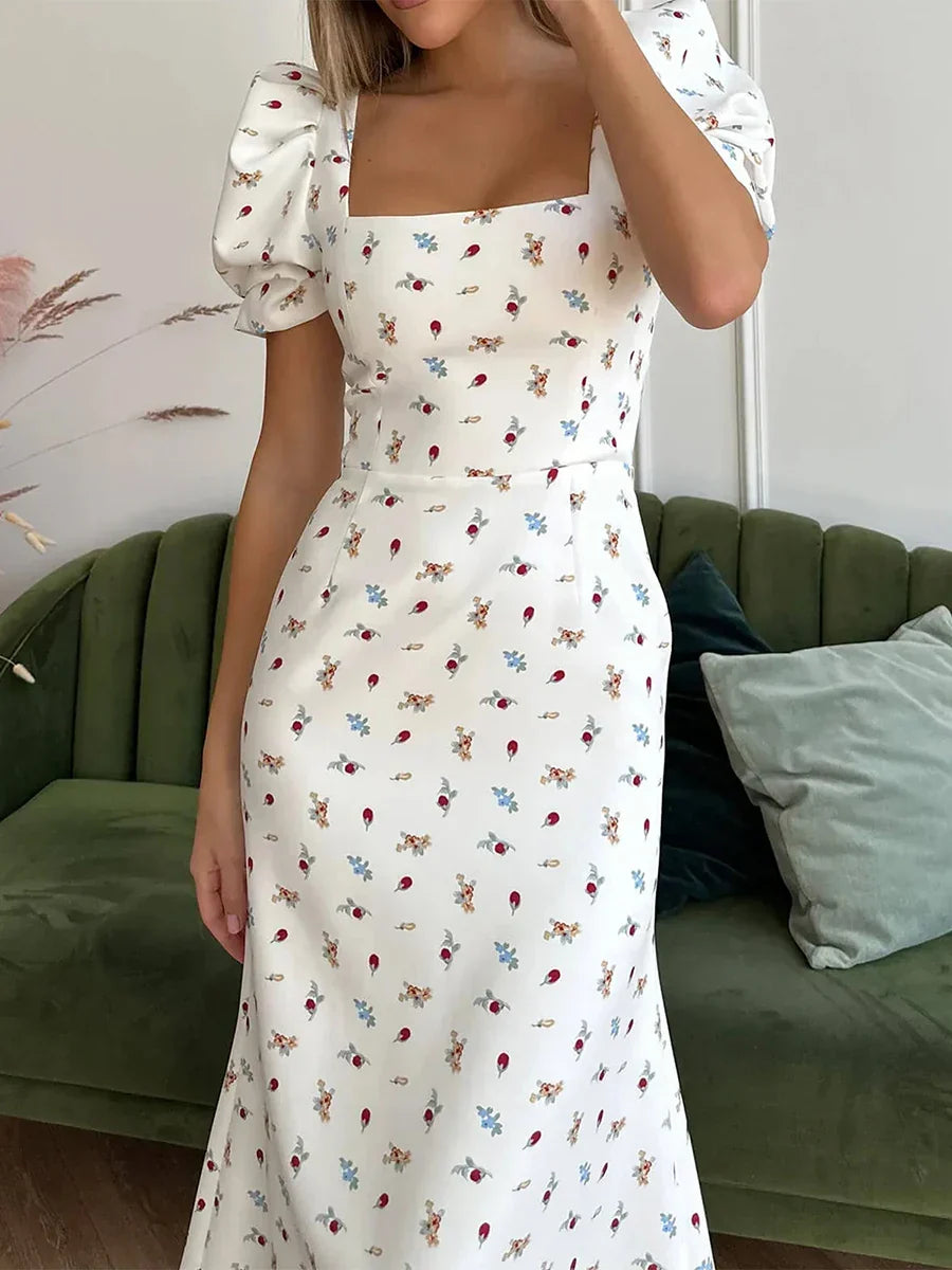 R&B | Damen Sommer Rechteck-Ausschnitt Kleid Midi