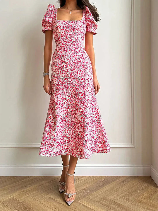 R&B | Damen Sommer Rechteck-Ausschnitt Kleid Midi
