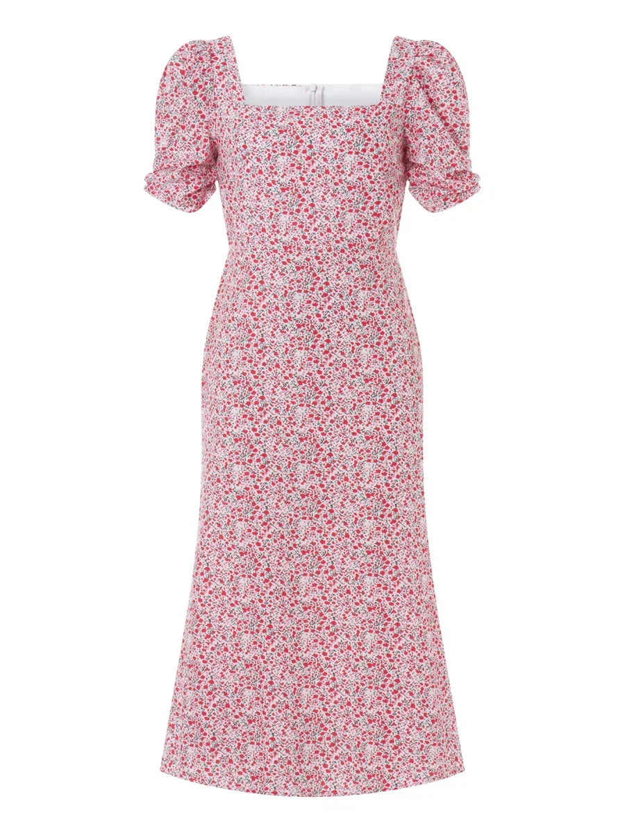 R&B | Damen Sommer Rechteck-Ausschnitt Kleid Midi