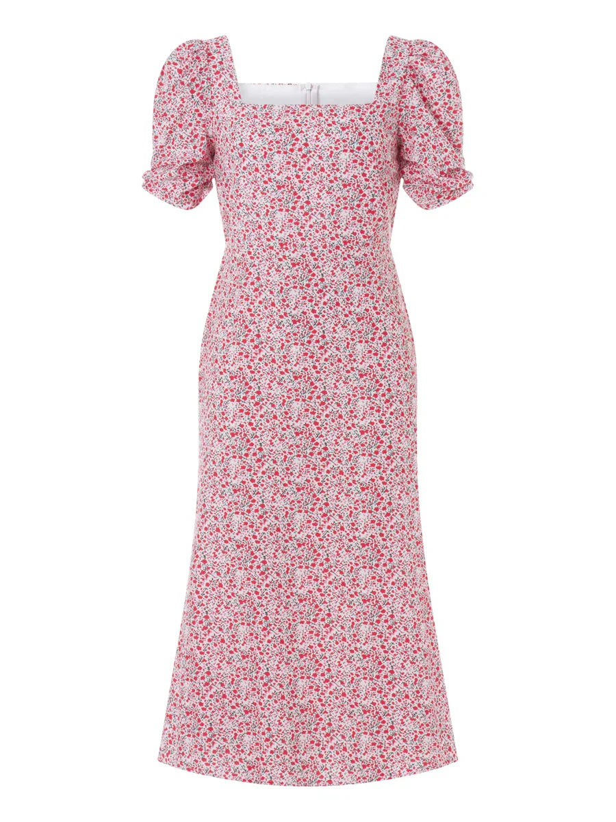 R&B | Damen Sommer Rechteck-Ausschnitt Kleid Midi