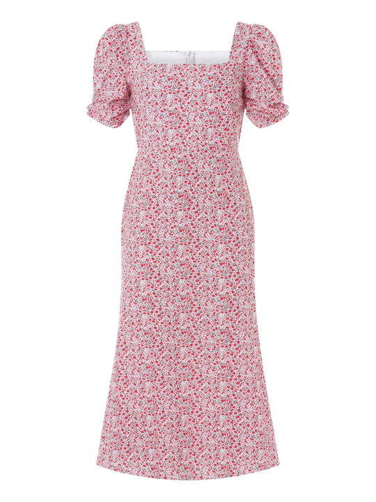 R&B | Damen Sommer Rechteck-Ausschnitt Kleid Midi