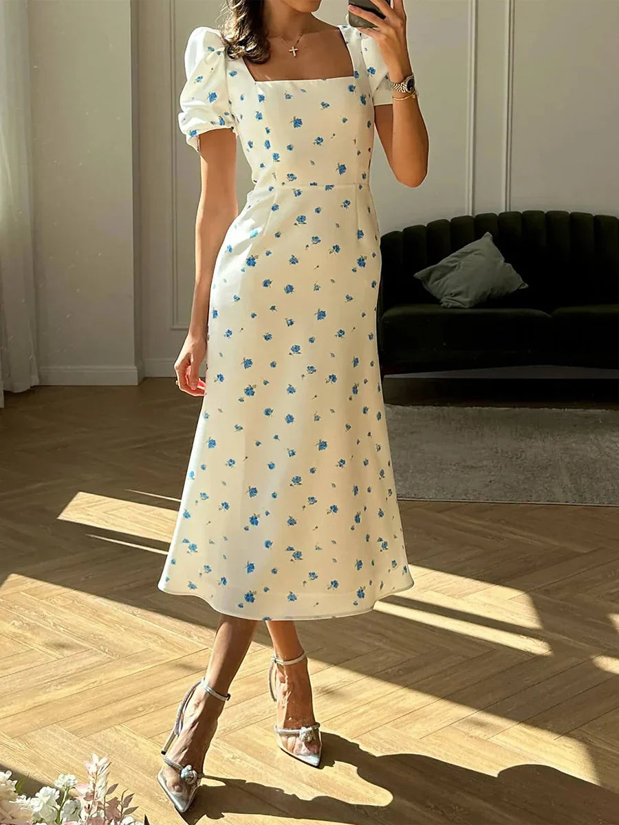 R&B | Damen Sommer Rechteck-Ausschnitt Kleid Midi