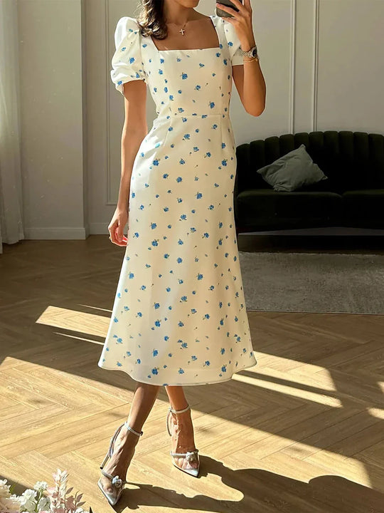 R&B | Damen Sommer Rechteck-Ausschnitt Kleid Midi