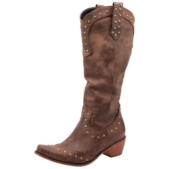 Damen Cowboy Stiefel Western Stil Imitationsleder mit Spitzem Zeh und Dekorativen Nieten R&B