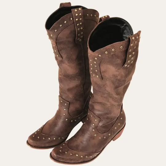 Damen Cowboy Stiefel Western Stil Imitationsleder mit Spitzem Zeh und Dekorativen Nieten R&B