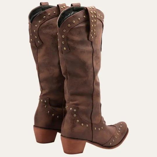 Damen Cowboy Stiefel Western Stil Imitationsleder mit Spitzem Zeh und Dekorativen Nieten R&B
