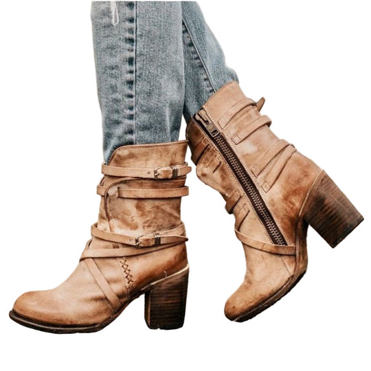 Damen Stiefeletten mit dickem Absatz und abgenutztem Detail R&B