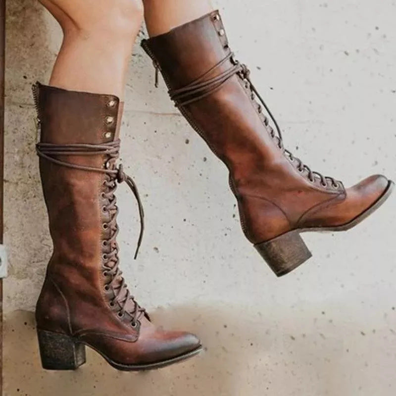 Damen Knielange Stiefel mit dickem Absatz Trendiger Stil R&B