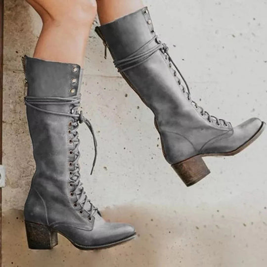 Damen Knielange Stiefel mit dickem Absatz Trendiger Stil R&B