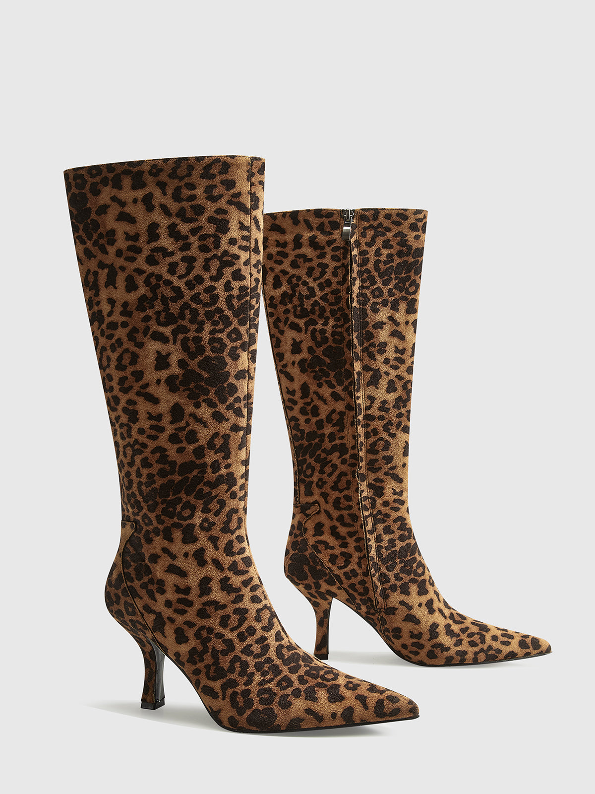 Damen Knielange Stiefel mit Leopardenmuster und Spitzenausschnitt R&B
