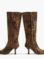 Damen Knielange Stiefel mit Leopardenmuster und Spitzenausschnitt R&B