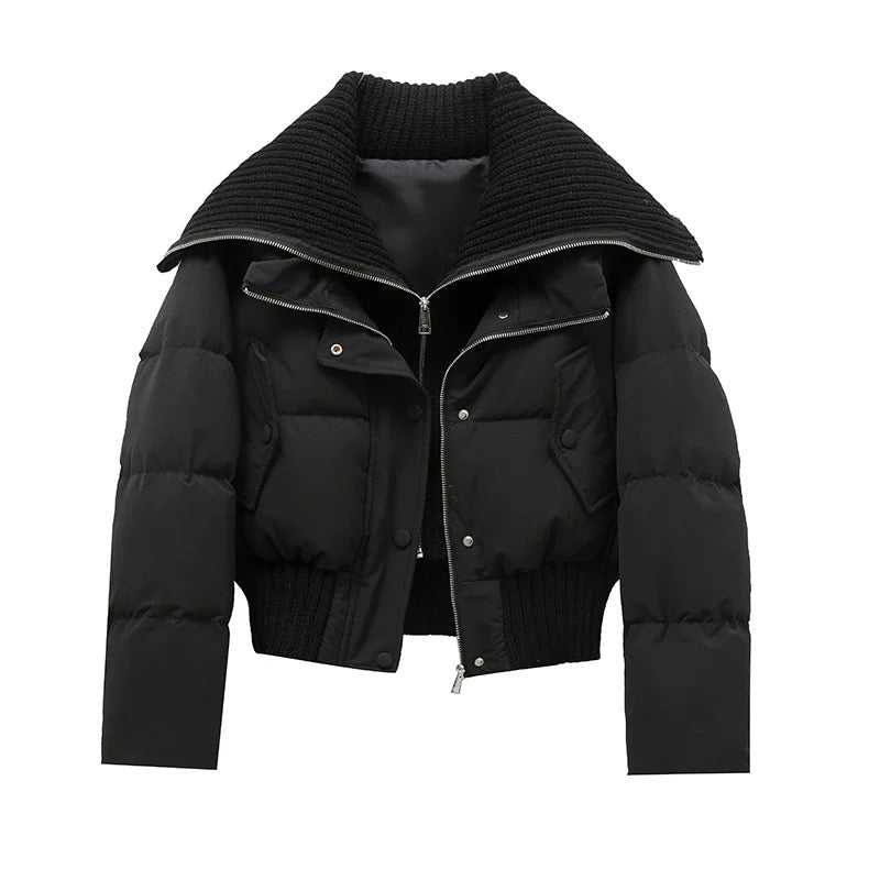 R&B | Damen Kurze Puffer Winterjacke Gepolstert mit Rippstrickkragen