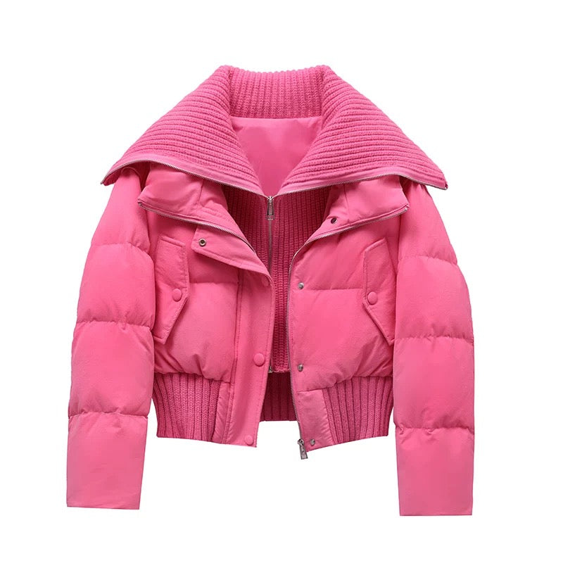 R&B | Damen Kurze Puffer Winterjacke Gepolstert mit Rippstrickkragen