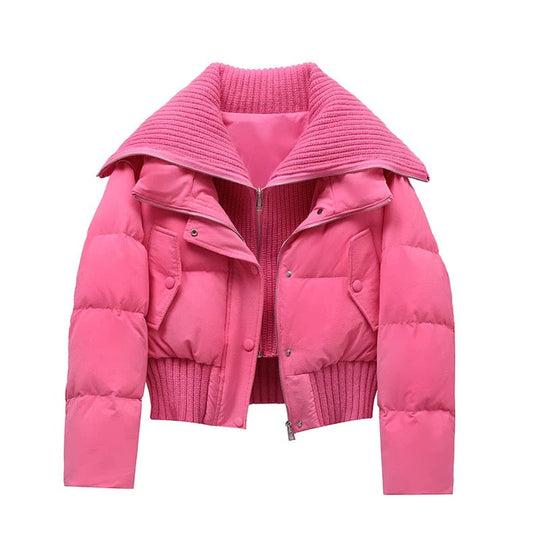 R&B | Damen Kurze Puffer Winterjacke Gepolstert mit Rippstrickkragen