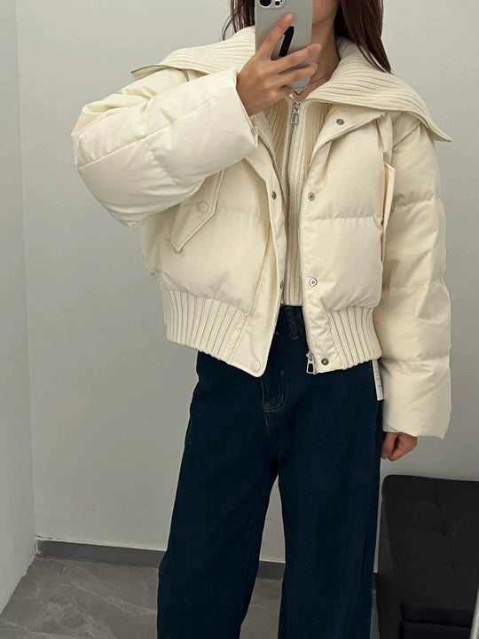 R&B | Damen Kurze Puffer Winterjacke Gepolstert mit Rippstrickkragen