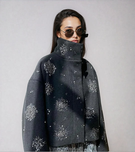 R&B | Damen Bestickter Peacoat Mantel mit Perlen und Hohem Kragen