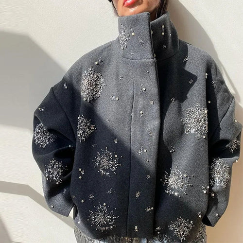 R&B | Damen Bestickter Peacoat Mantel mit Perlen und Hohem Kragen