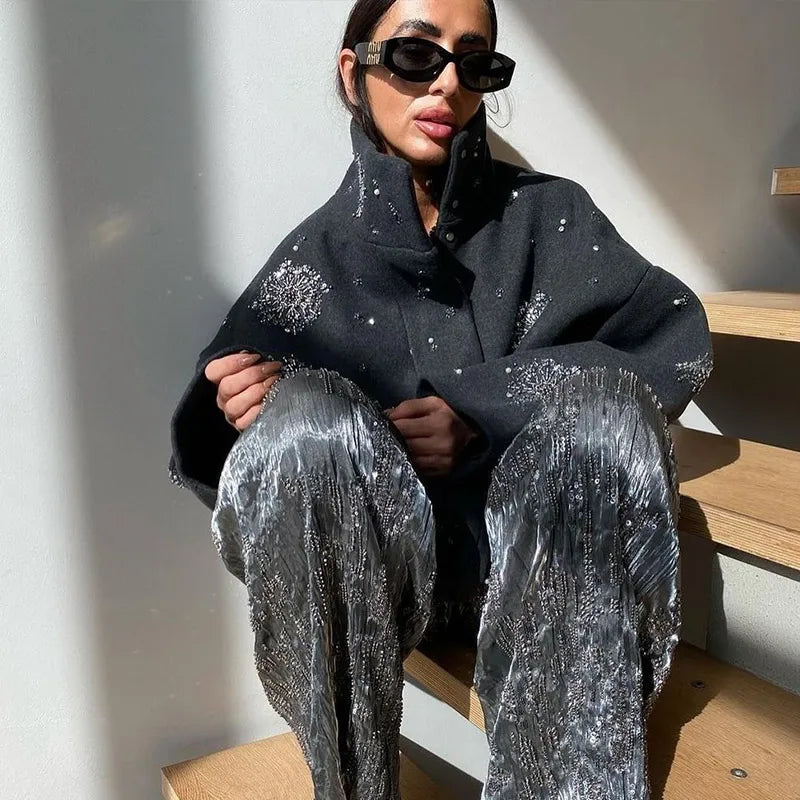 R&B | Damen Bestickter Peacoat Mantel mit Perlen und Hohem Kragen