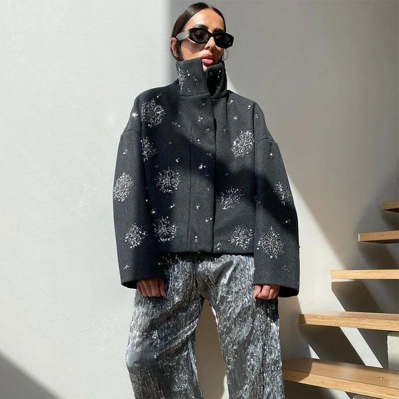 R&B | Damen Bestickter Peacoat Mantel mit Perlen und Hohem Kragen
