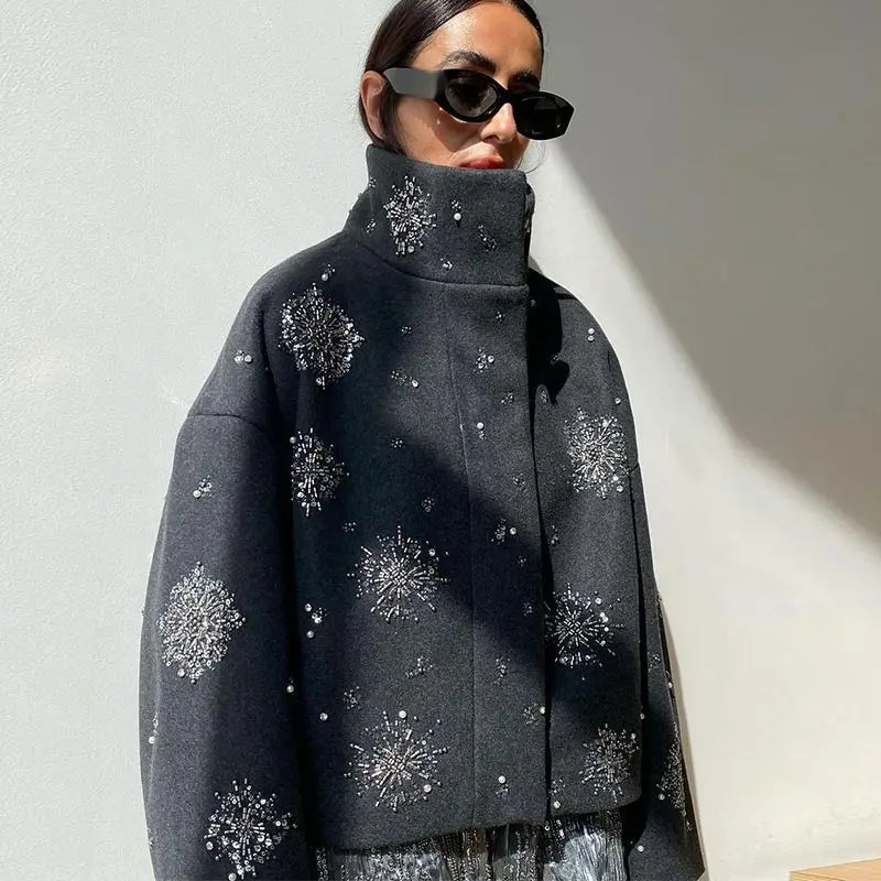 R&B | Damen Bestickter Peacoat Mantel mit Perlen und Hohem Kragen