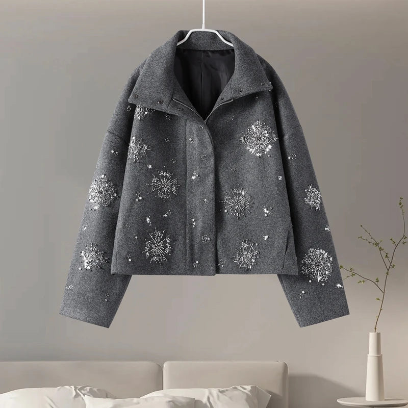 R&B | Damen Bestickter Peacoat Mantel mit Perlen und Hohem Kragen