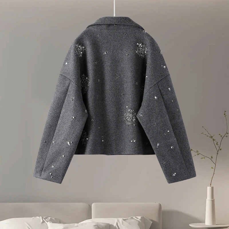 R&B | Damen Bestickter Peacoat Mantel mit Perlen und Hohem Kragen