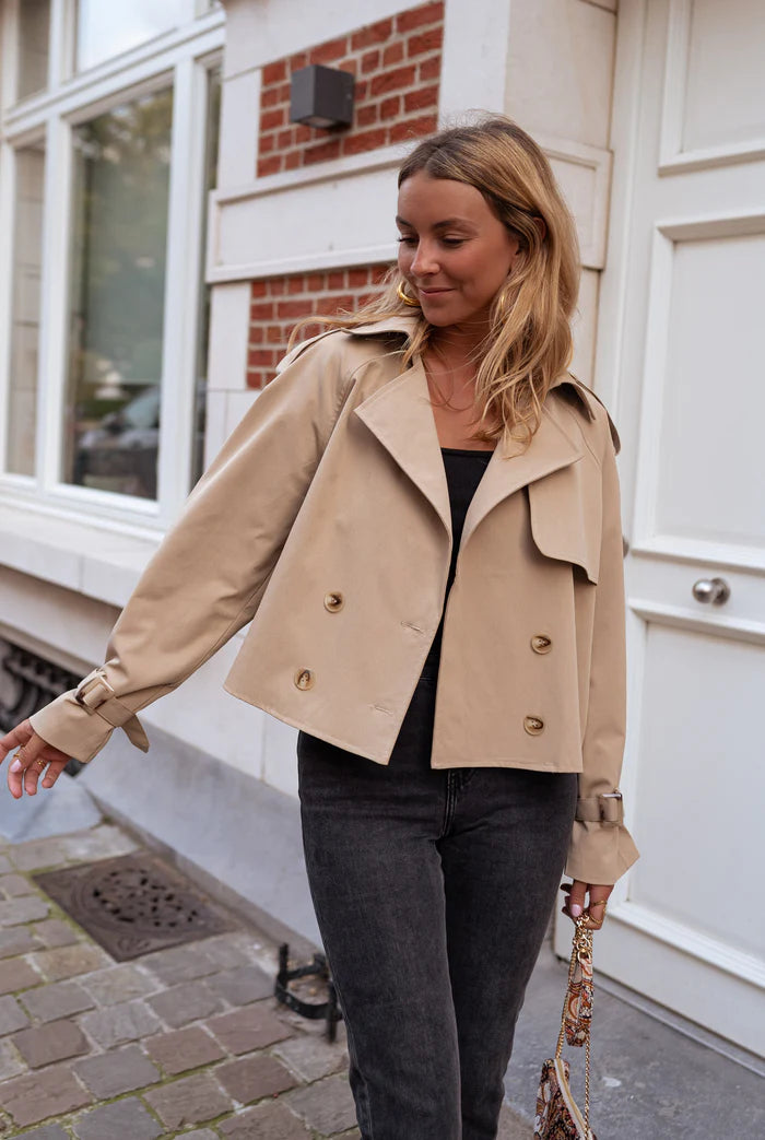 R&B | Damen Gekürzter Trenchcoat mit Doppelreihe Knöpfen und Moderne Passform