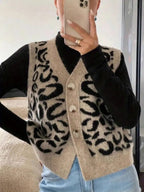 R&B | Damen Strick Ärmellose Weste mit Leopardenmuster und Knopfverschluss