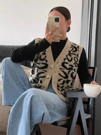 R&B | Damen Strick Ärmellose Weste mit Leopardenmuster und Knopfverschluss