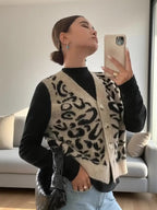 R&B | Damen Strick Ärmellose Weste mit Leopardenmuster und Knopfverschluss