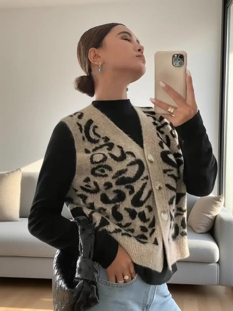 R&B | Damen Strick Ärmellose Weste mit Leopardenmuster und Knopfverschluss