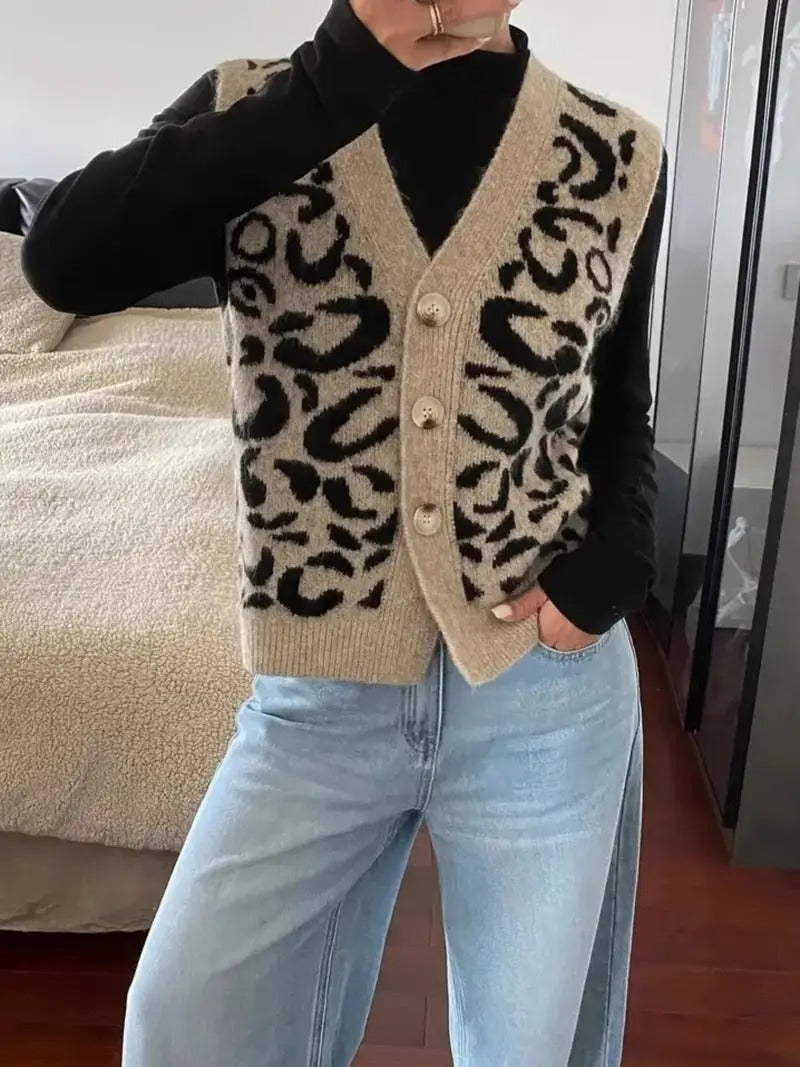 R&B | Damen Strick Ärmellose Weste mit Leopardenmuster und Knopfverschluss