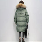 R&B | Damen Lange Wattierte Pufferjacke mit Kapuze und Fellkragen