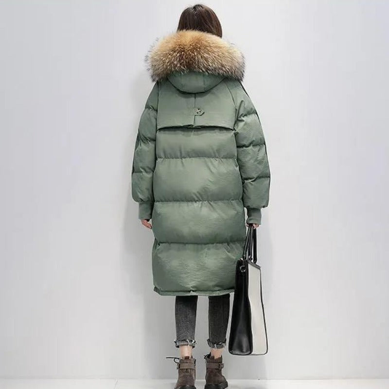 R&B | Damen Lange Wattierte Pufferjacke mit Kapuze und Fellkragen