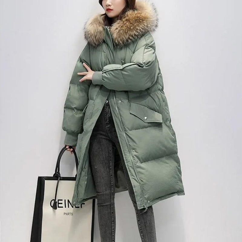 R&B | Damen Lange Wattierte Pufferjacke mit Kapuze und Fellkragen