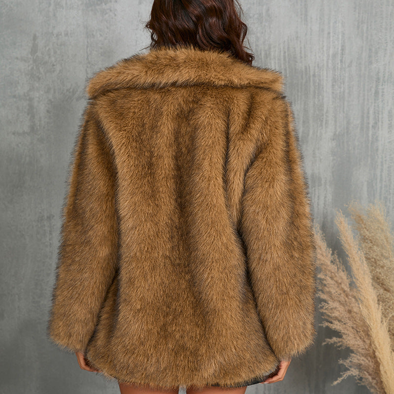R&B | Damen Eleganter Kunstpelz Mantel mit Breitem Kragen und Taschen
