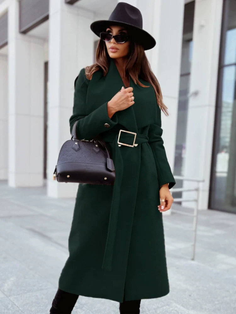 R&B | Damen Lange Jacke mit Gürtel und Drapiertem Revers In Wolloptik