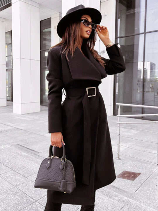 R&B | Damen Lange Jacke mit Gürtel und Drapiertem Revers In Wolloptik