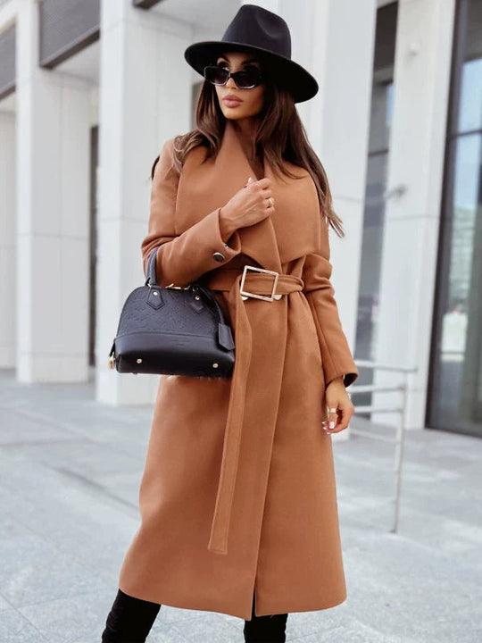 R&B | Damen Lange Jacke mit Gürtel und Drapiertem Revers In Wolloptik