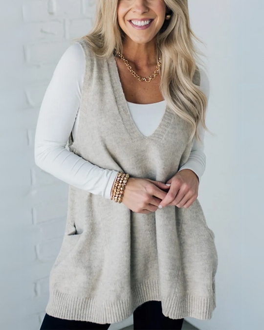 R&B | Damen Pullover-Cardigan mit V-Ausschnitt und Praktischen Taschen