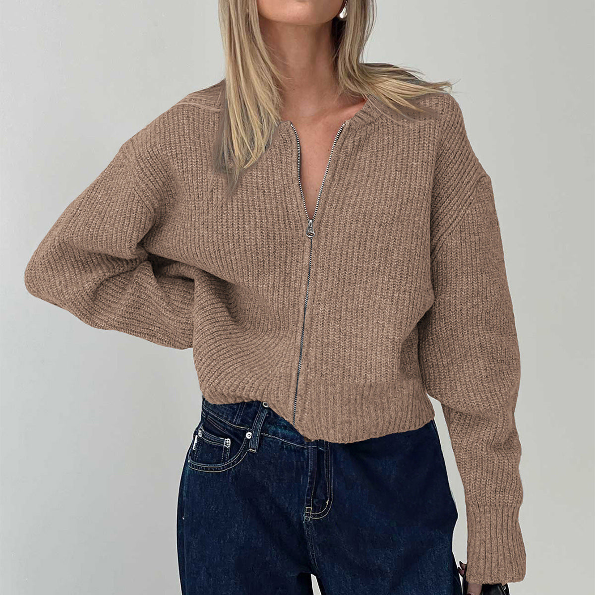 R&B | Damen Strickjacke mit Reißverschluss und langen Ärmeln